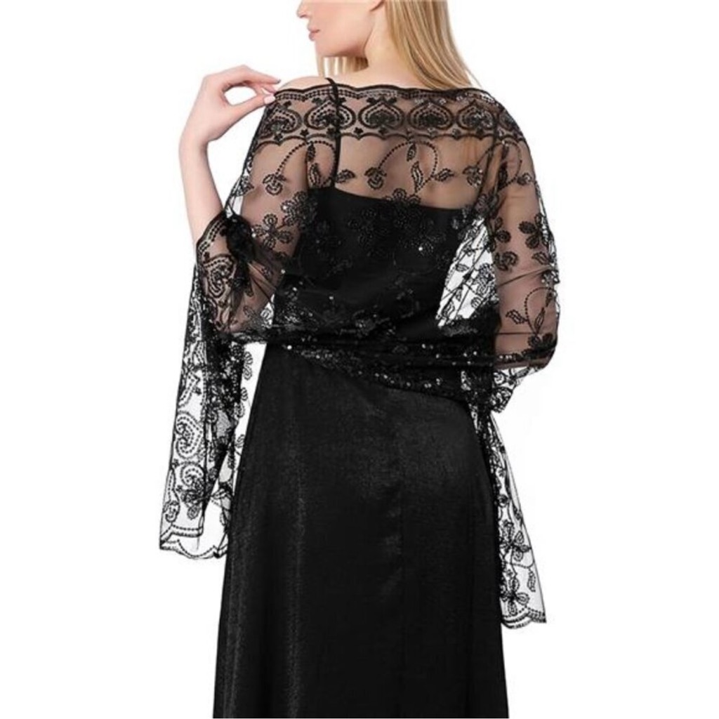 Sequin Floral Shawls Wraps Black